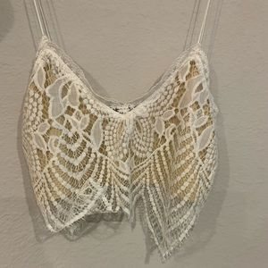 Signature8 Lace Crop Top with side zipper Offwhite with tan front underlining